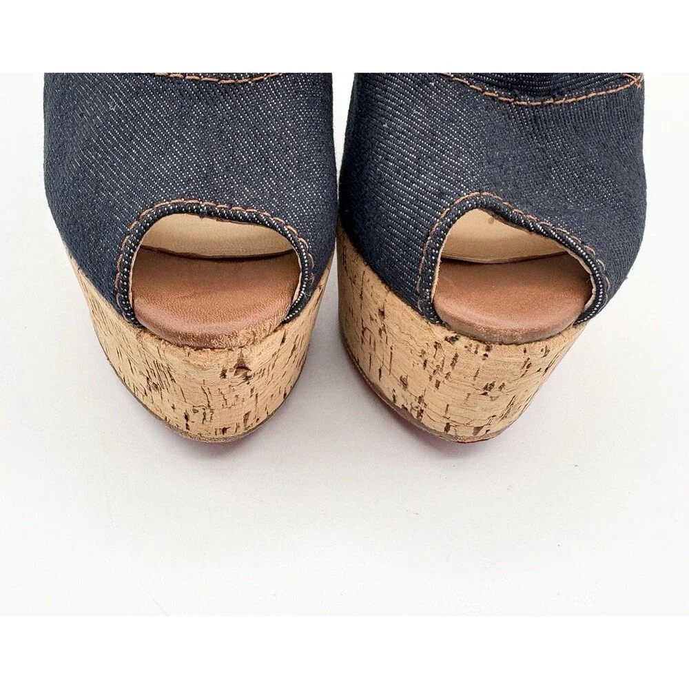 Christian Louboutin Denim Peep Toe Cork Platform Wedge Heels Size EU 36